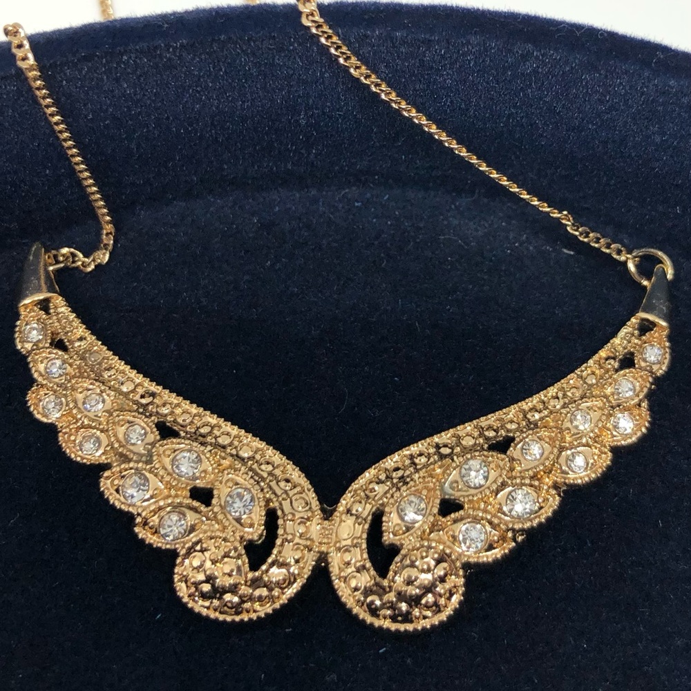 SOLD Costume Gold Angel Wings Faux Diamond Necklace.